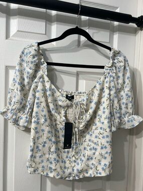 Lulus Blue Floral Puff Sleeve Tie Front Blouse NWT Cottagecore Top Size XL
